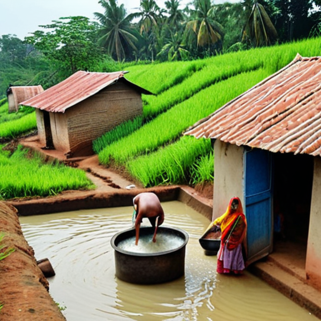 **
A vibrant scene of a Bengali village showcasing rainwater harvesting. Depict a traditional village home with a rooftop rainwater collection system feeding into a clean water storage tank. Villagers are shown collecting water for household use, with lush greenery and a sense of community sustainability in the background. Focus on the positive impact of water conservation.
**