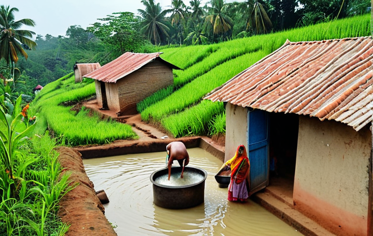 **

A vibrant scene of a Bengali village showcasing rainwater harvesting. Depict a traditional village home with a rooftop rainwater collection system feeding into a clean water storage tank. Villagers are shown collecting water for household use, with lush greenery and a sense of community sustainability in the background. Focus on the positive impact of water conservation.

**