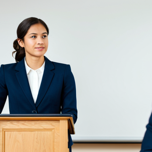 Home 30 A professional individual, fully clothed in a modest business suit, standing confidently at a podium in a modern, well-lit community center, delivering a presentation with a natural pose. The individual embodies strong communication skills and a sense of purpose, with a diverse, attentive audience visible in the background. This image highlights leadership and personal development. safe for work, appropriate content, fully clothed, professional dress, perfect anatomy, correct proportions, natural pose, well-formed hands, proper finger count, natural body proportions, high-quality professional photography.