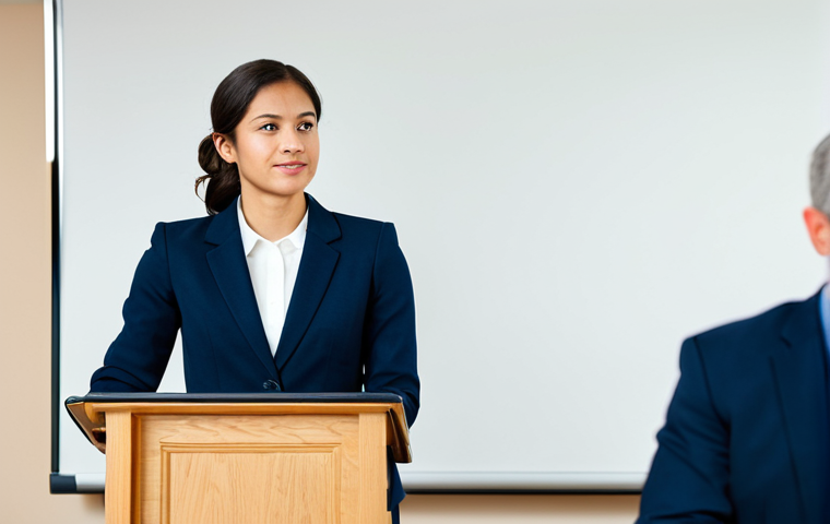 A professional individual, fully clothed in a modest business suit, standing confidently at a podium in a modern, well-lit community center, delivering a presentation with a natural pose. The individual embodies strong communication skills and a sense of purpose, with a diverse, attentive audience visible in the background. This image highlights leadership and personal development. safe for work, appropriate content, fully clothed, professional dress, perfect anatomy, correct proportions, natural pose, well-formed hands, proper finger count, natural body proportions, high-quality professional photography.